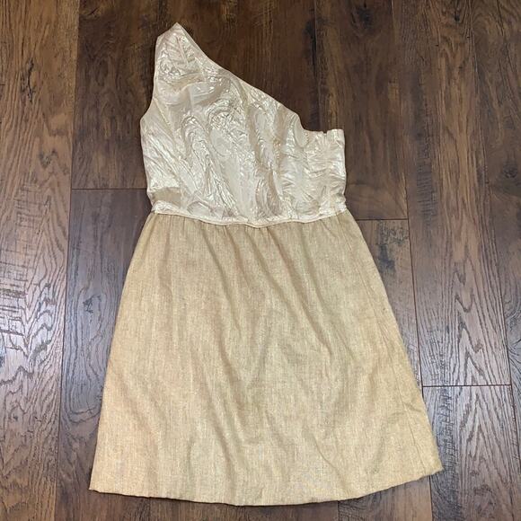 J Crew Collection One Shoulder Silk/Linen/Metallic Gold Mini Dress - Picture 2 of 8